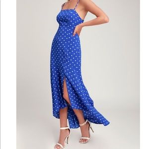 blue polka dot dress with slit